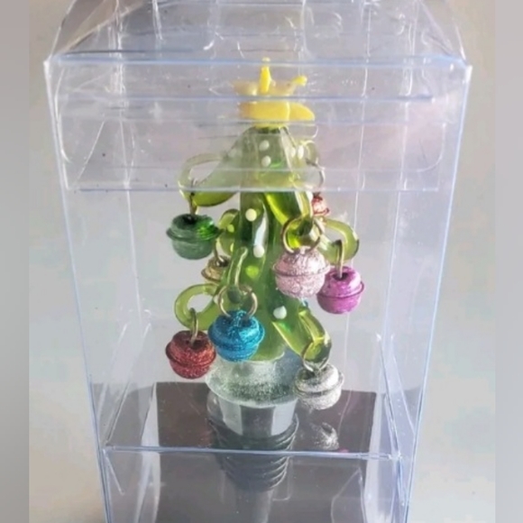 Glass Christmas Tree W/Jingle Bell Ornaments Wine Bottle Stopper Boxed New NWT - Picture 6 of 13